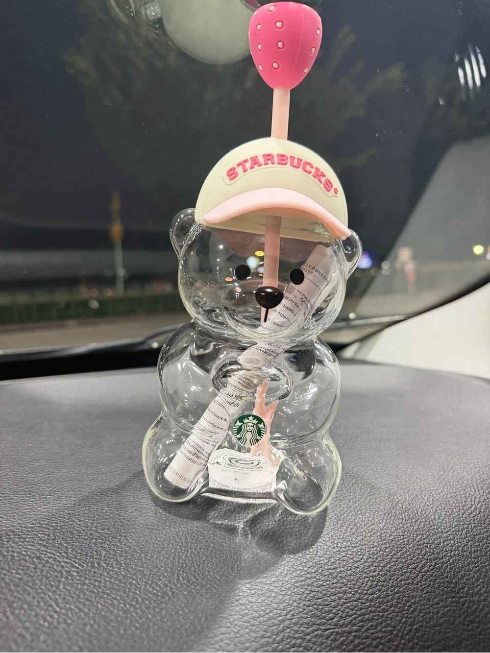 Starbucks Clear Bear Bottle with Pink Strawberry Cap and Cream Hat